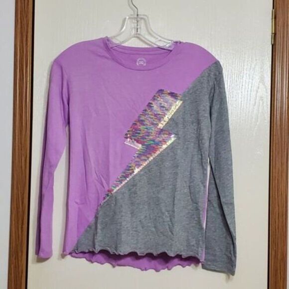 NWT Wonder Nation Girls Sz 10/12 Purple Sequin Lightning Bolt Ruffled Hem Shirt - Picture 1 of 5